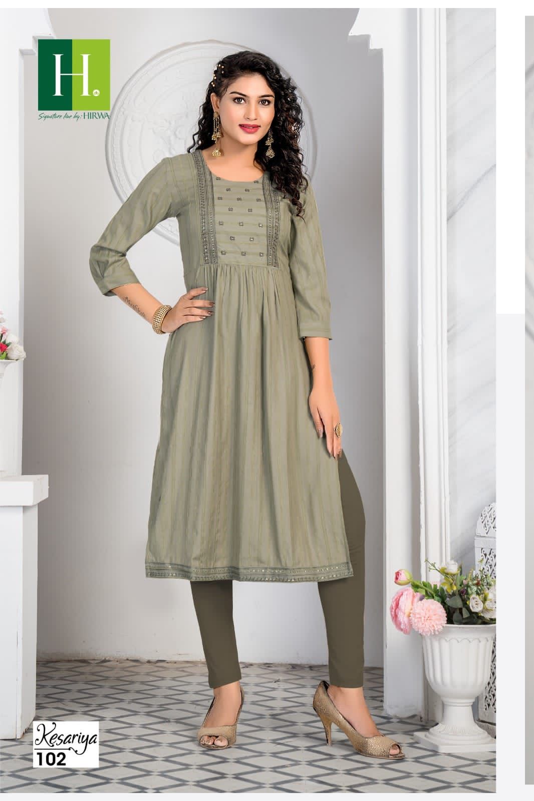 Hirwa Kesariya Rayon Naira Cut Designer Kurtis Catalog
